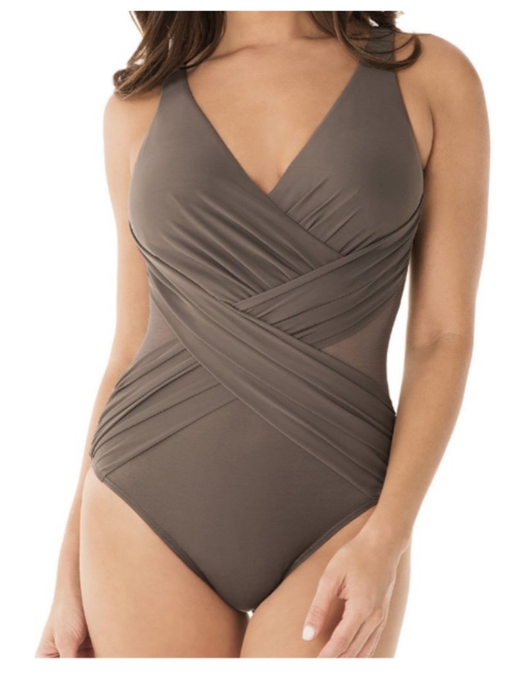 Miraclesuit NWT Illusionist Crossover Swimsuit Sz 12 Mineral Grey